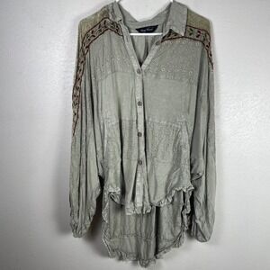 Young Threads Sage Green Embroidered Velvet Trim High-Low Boho Tunic Top Pockets